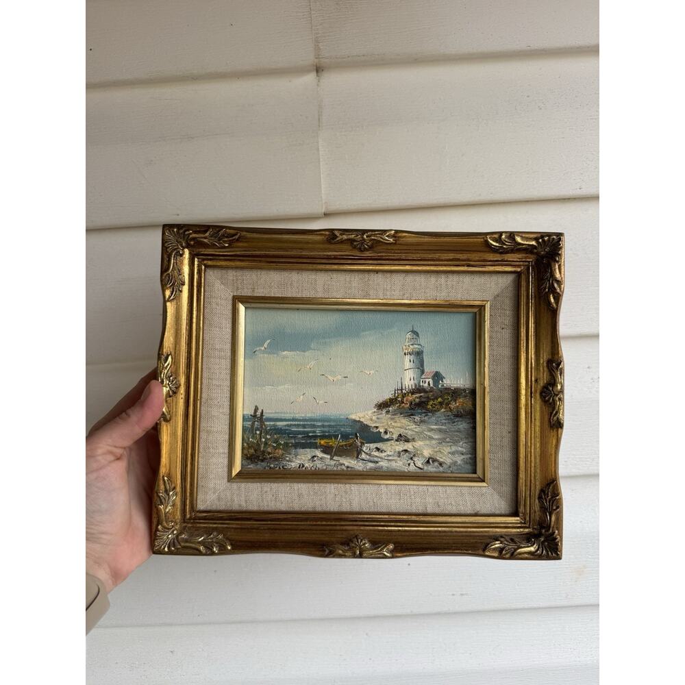 Vintage Oil Painting Boat Lighthouse Seascape Canvas Ornate Gold Framed Signed
